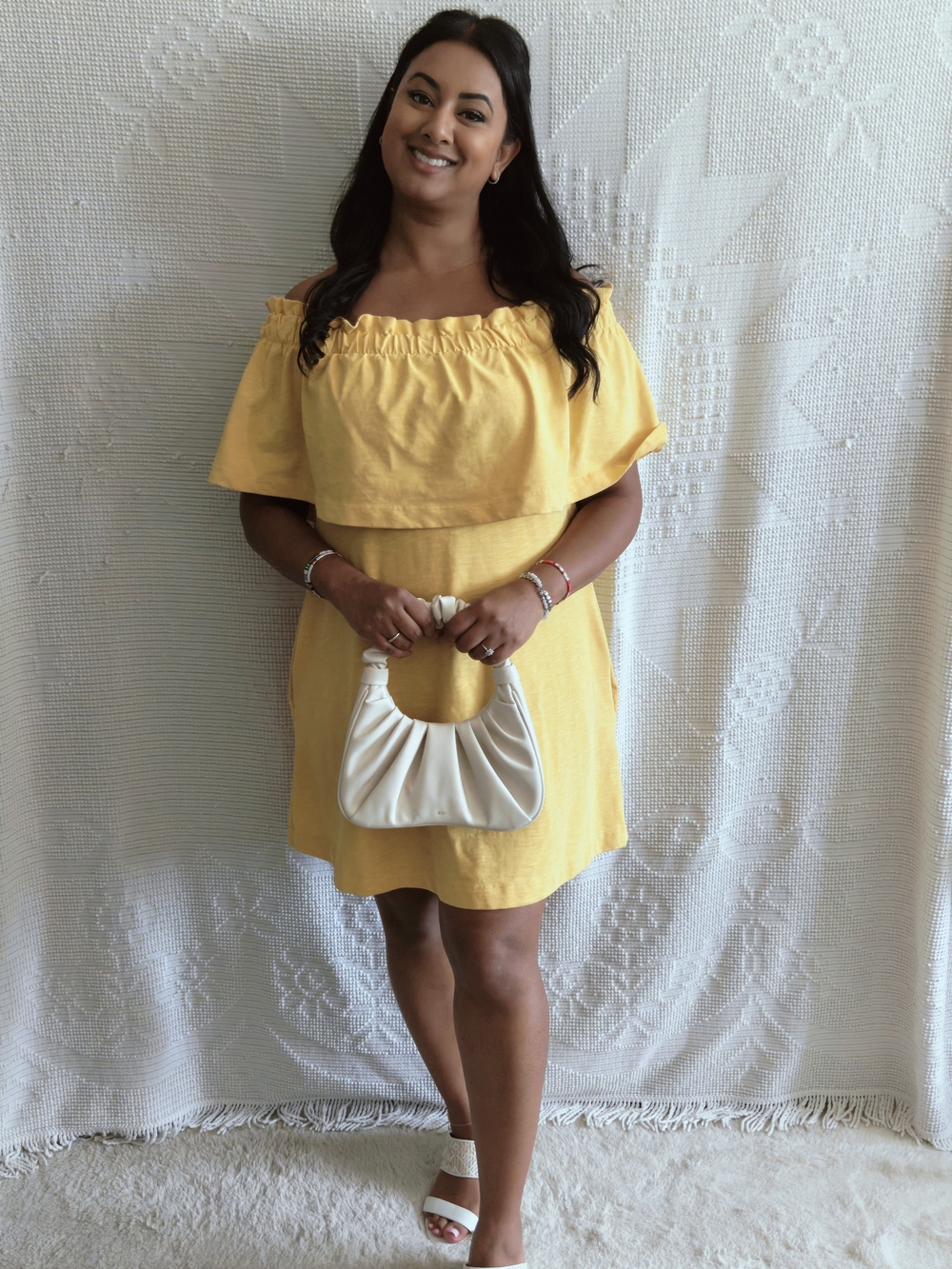 H&M Yellow Off Shoulder Flounce Mini Sundress w/ Pockets | Summer Vacation | S